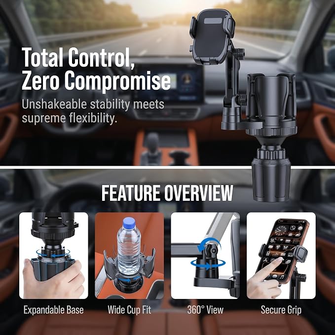 2-in1 Car Cup Phone Holder, 360°Rotation Cup Holder Expander with Phone Mount, Cup Phone Holder for Car Fits All 4-7" iPhone Galaxy Smartphones, Cup Holder Insert for 10-46 OZ Bottles