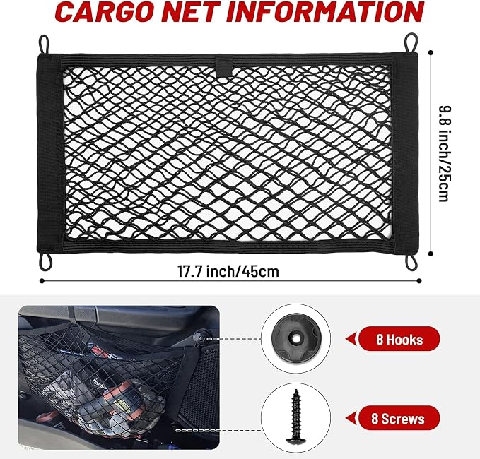 2 Pcs Small Cargo Net Pocket Elastic Mesh Netting Car Mesh Pouch for Trunk RV Boats Home Cargo Storage with Screws and Hooks (17.7'' x 9.8'')