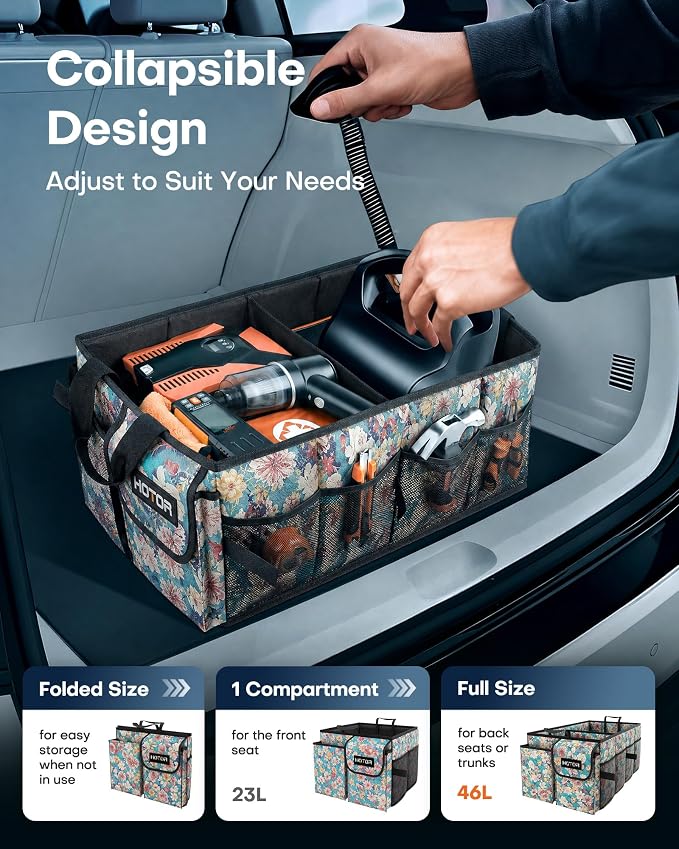 Trunk Organizer- Car Organizer, Foldable Trunk organizer for SUVs & Sedans, Sturdy Car Organization for Car Accessories, Tools, Sundries, Blue Flower, 2 Compartments, 21.3"×12.6"×10.6"
