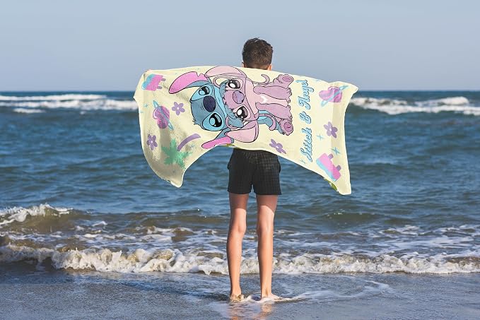Kids Beach Towel - 100% Cotton Super Soft Absorbent Bath Towel, 28" x 58" Inch Lightweight for Travel, Official Licensed Product, Yellow - Lilo and Stitch