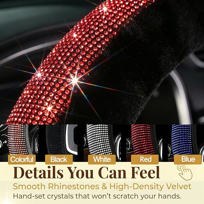 Bling Steering Wheel Cover Fluffy Red Rhinestone for Women Girls | Diamond Elastic Car Steering Wheel Accessories Sparkling Fur Steering Wheel Protector Winter Warm Universal Fit 14"-15"