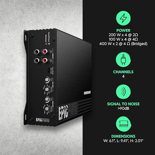 EPICFOUR 4-Channel Amplifier Car Audio 800W RMS, Compact Digital Class D, High/Low Pass Crossover, RCA Line Level Inputs for Aftermarket Radios, Epicenter Link, Smart Auto Protection