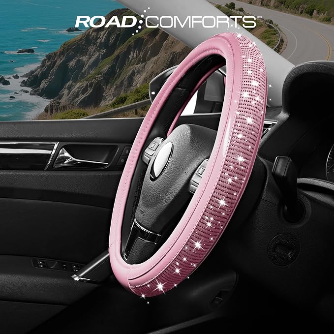 Bling Steering Wheel Cover – Pink Diamond Design, Universal Fit 14.5-15 Inch, Microfiber Leather, Anti-Slip & Breathable Design for Men and Women