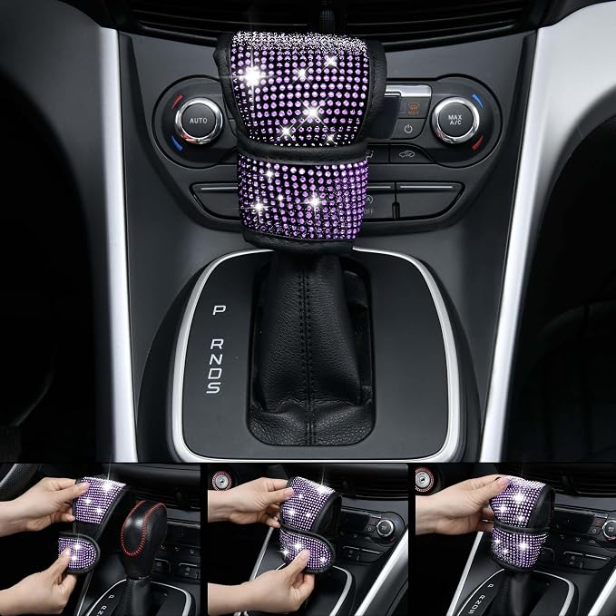 11PCS Bling Purple Car Steering Wheel Cover Set for Women, Sparkly Rhinestone Diamond Bling Seat Belt Cushion, Glitter Shift Knob Cover, Car Cup Holder Coaster, Interior Sets Violet 14.5"-15"