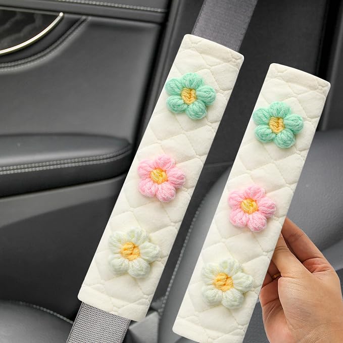 Soft Auto Seat Belt Cover Seatbelt Shoulder Pad Cushions 2 PCS for a More Comfortable Driving Universal Fit for All Cars and Backpack Off-White Knitted Flower (Green & Pink)