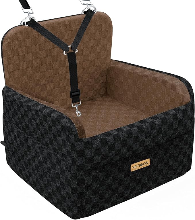 Waterproof Dog Car Seat for Small Medium Dogs, 5in Memory Foam Pet Booster Seat for Dogs up to 35 lbs with Pockets, Detachable Washable Pet Carseat with Y-Shape Safety Belt (Brown, Medium)