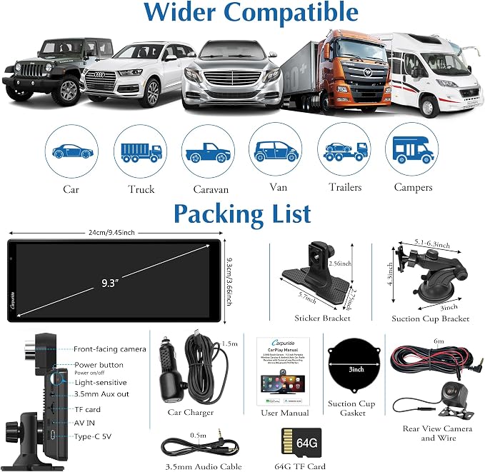 Carpuride W903 9.3" Wireless Carplay & Android Auto with Dash Cam | 4K Front & 1080P Rear Camera, Loop Recording, Bluetooth Audio, Mirror Link, GPS