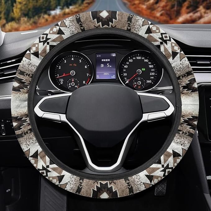 Southwestern Aztec Brown Auto Steering Wheel Cover Universal 15 Inch Diameter Anti-Slip Neoprene Car Steering Wheel Protector for Women Men