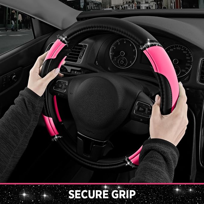 Leather Steering Wheel Cover - Made with PVC Leather - Anti-Slip, Universal Fit 14 1/2 inches to 15 inches - Hot Pink
