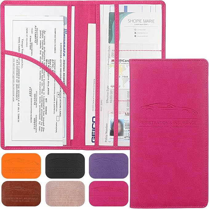 Premium Car Registration & Insurance Card Holder with Magnetic Shut, Vehicle Glove Box Car Organizer - For Documents, Cards, License (Rose red)