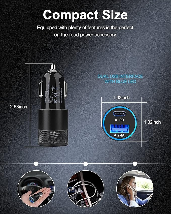 30W PD USB C Car Charger, USB Type C Fast Power Charging Block Dual Port USB A & USBC Plug Cargador Carro Lighter Adapter for iPhone, iPad, Samsung Galaxy, LG, Google Pixel, Moto, USB-C Port