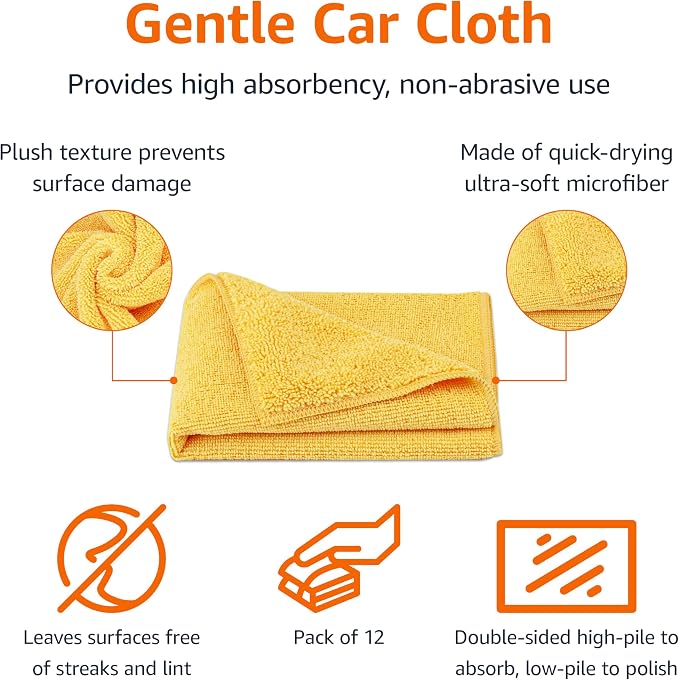 Microfiber Car Drying Towels, Highly Absorbent, Lint Free, Scratch Free, Ultra-Soft, Car Detailing, Buffing and Polishing, 16" x 16", Yellow, 12-Pack