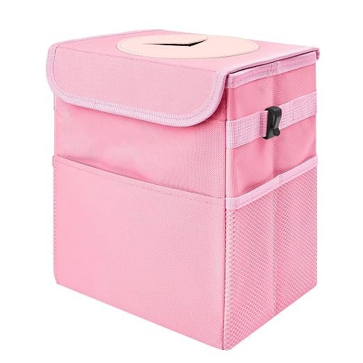 Car Trash Can Bin with Lid - Collapsible Car Garbage Can with Storage Pockets-Pink Mini Leakproof Vehicle Trash Bag-Small Automotive Organizers and Storage for Back/Front Seat SUV Truck Accessories