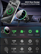 for Magsafe Car Mount Charger-15W Wireless Car Charger-Magnetic Car Phone Holder for Dash Air Vent-LED RGB HandsFree Car Mount Fast Car Charger for iPhone 14/13/12 Series