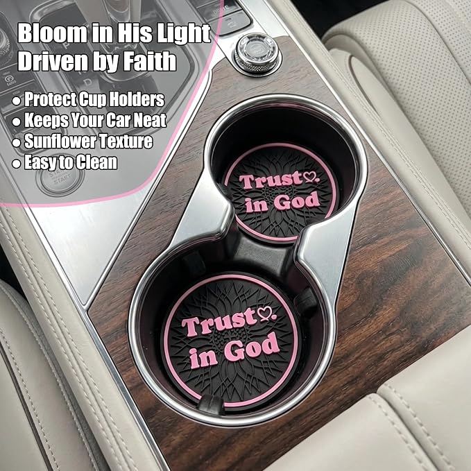 Christian Trust in God Car Steering Wheel Cover with 2 Pack Coasters for Women, PU Leather Pink Car Accessories, Religious Gifts, Universal 14.5-15.5" Fit for Cars, SUVs, Trucks