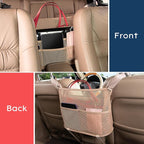 Car Net Pocket Handbag Holder Between Seats Back Storage Organizer 3 - Layers Purse Holder for Console Front Seat Storage Barrier, Beige