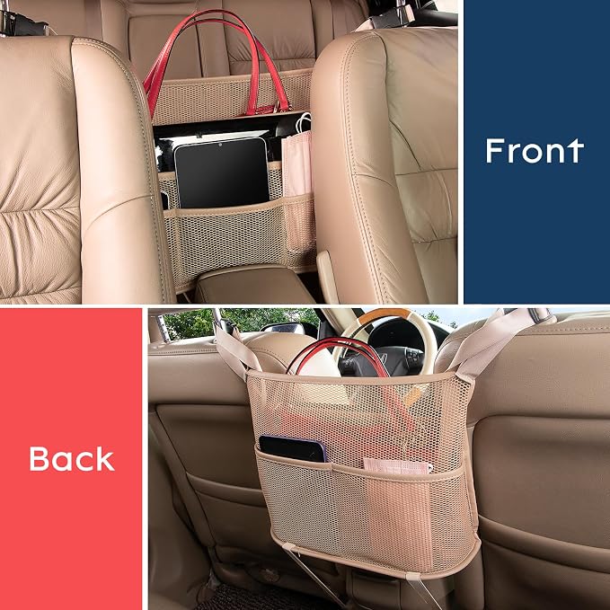 Car Net Pocket Handbag Holder Between Seats Back Storage Organizer 3 - Layers Purse Holder for Console Front Seat Storage Barrier, Beige
