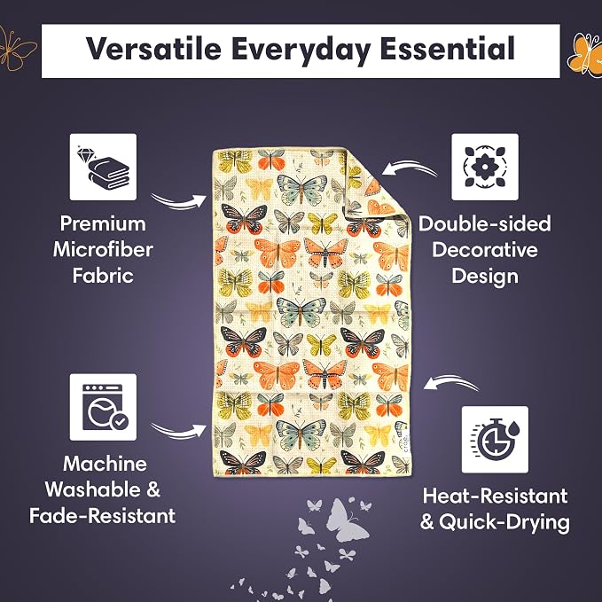 Microfiber Hand Towel & Washcloth Set of 2 - Double-Sided, Waffle Weave, Super Absorbent, Lint-Free, Fast Drying - for Bathroom, Kitchen, Car, and Window Cleaning (Wings & Flower Farm - Purple/Cream)
