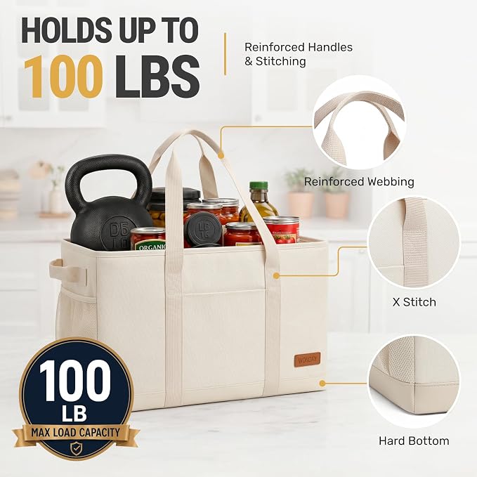 Extra Large Utility Tote Bag - Standing Reusable Grocery Bag with Handle, Collapsible Storage for Shopping, Beach