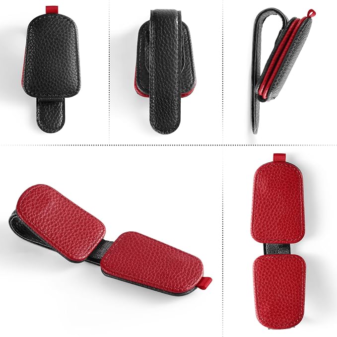 Sunglasses Holder for Car, Leather Magnetic Buckle Sun Visor Sunglass Clip, Ticket Card Storage Glasses Clip, Car Interior Accessories for Men and Women（2PCS Black-red）