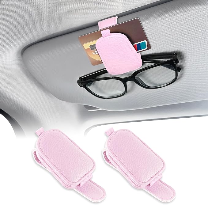 Sunglasses Holders for Car Visor, Sunglass Car Organizer, Leather Magnetic Buckle Sun Visor Sunglass Clip, Car Accessories Ticket Card Clip Sunglasses Mount Fit Truck (Pink, 2PCS)