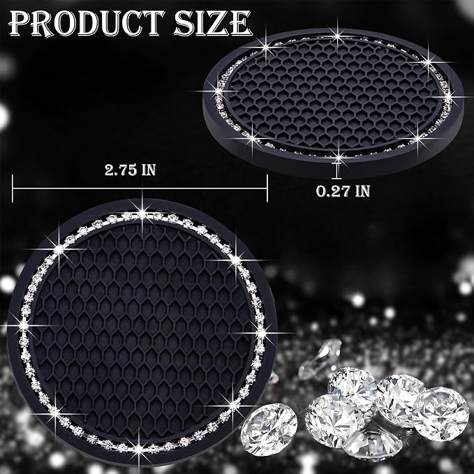 2PCS Bling Cup Holder Coaster, 2.75 Inch Auto Car Cup Holder Insert Coasters, Soft Silicone Anti-Slip Shockproof, Universal Vehicle Interior Accessories for Women Girls (Black & White)