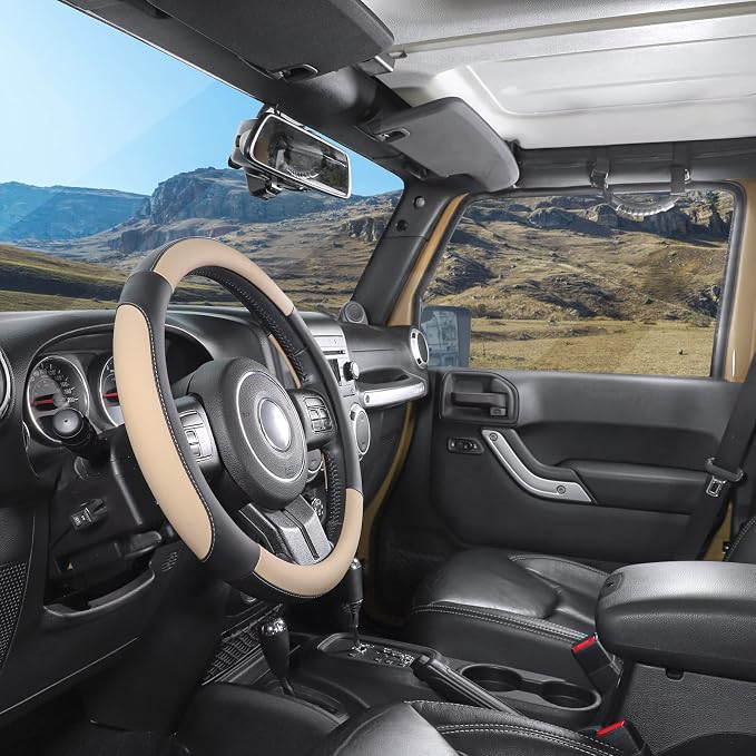Car Steering Wheel Cover Large-Size for F150 F250 F350 Ram 4Runner Tacoma Tundra Range Rover with 15 1/2 inches-16 inches Outer Diameter, Black and Beige Microfiber Leather
