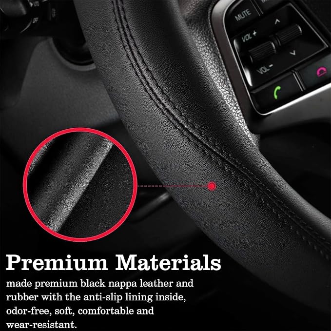 Wine Red Car Steering Wheel Cover, Nappa Leather, Bottom Color Blocking, Universal 14.5-15 Inch Leather Anti-Slip Breathable Auto Steering Wheel Covers for Men Women