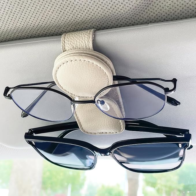 KIWEN Sunglasses Holder for Car Visor, Magnetic Leather Sunglass Eyeglass Hanger Clip for Car Sun Visor Accessories (1, Gray)