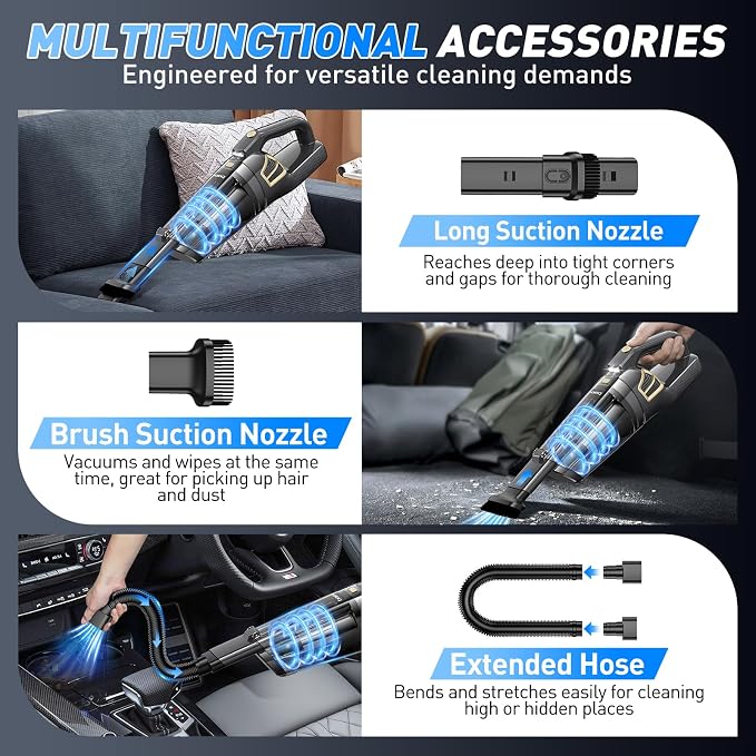 Handheld Vacuum Cordless, 15000PA Powerful Suction Rechargeable Vacuum,Portable Car Vacuum with LED Light and Multi Accessories, Hand Held Vacuum Cleaner for Home, Office, Pet Hair and Car