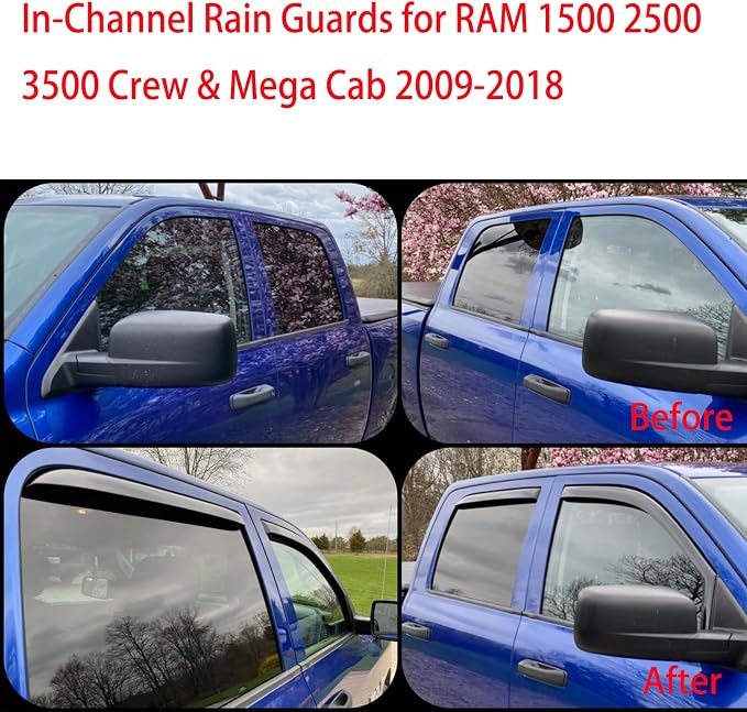 in Channel Window Visors Rain Guards for 2009-2018 Dodge Ram 1500 Crew Cab/Mega Cab,10-25 Ram 2500 3500 Crew Cab/Mega Cab,19-24 Ram 1500 Classic, 4PCS Window Vent Visors
