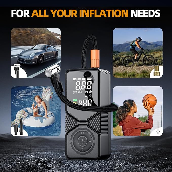 Portable Tire Inflator 150 PSI Cordless Air Compressor | 6000mAh Power Bank, 12V DC Dual Supply, Auto Shut-Off Digital Gauge, Adapters for Car, SUV, Motorcycle, Bike, Ball