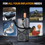 Portable Tire Inflator 150 PSI Cordless Air Compressor | 6000mAh Power Bank, 12V DC Dual Supply, Auto Shut-Off Digital Gauge, Adapters for Car, SUV, Motorcycle, Bike, Ball