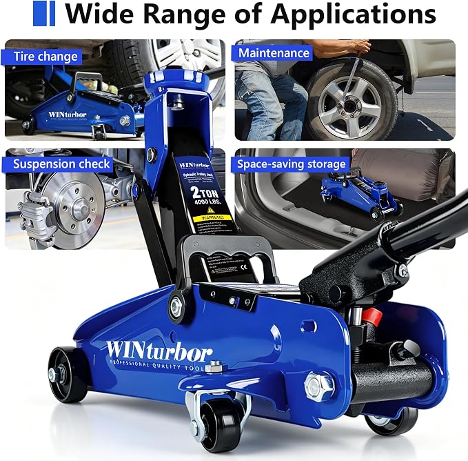 2 Ton Low Profile Floor Jack, 4000 lbs, with 2 Pads & Bag – Blue | Steel floor jack, 5.3"-13" lift. Overload valve. Smooth casters. For garage, workshop & auto.