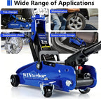 2 Ton Low Profile Floor Jack, 4000 lbs, with 2 Pads & Bag – Blue | Steel floor jack, 5.3"-13" lift. Overload valve. Smooth casters. For garage, workshop & auto.