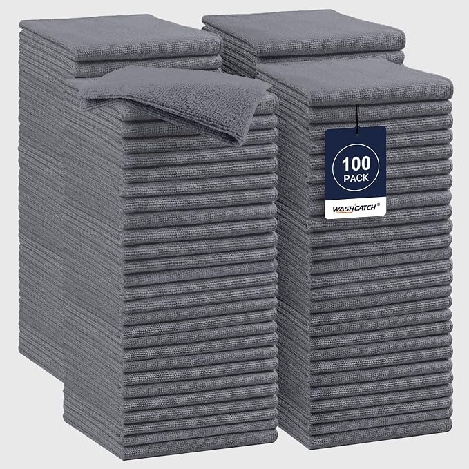 Shop Towels, 100 Pack - 11.5"x 11.5" Commercial Grade Work Rags for Cars, Microfiber Cleaning Cloths Bulk Detailing Cloth for Automotive Mechanic Garage Housekeeping Restaurant - Grey