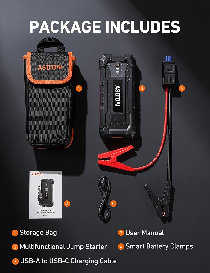 S8 Ultra Car Jump Starter, 4000A Safe 12V Battery Booster Pack (All Gas/12L Diesel), Portable Jump Box with Smart Jumper Cables, Type-C/USB, Flashlight, Rugged Protection & Storage Bag, Orange