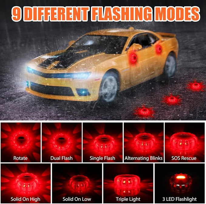 8 Pack LED Road Emergency Roadside Lights Flashing Safety Warning Kit Beacon Magnet Hook Vehicle Boat Truck Disc Magnetic Flash Cars Security Driveway Automotive Strobe
