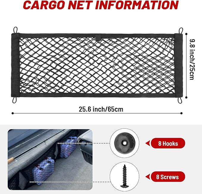 2 Pcs Universal Cargo Net Pocket Elastic Mesh Netting Car Mesh Pouch for Trunk RV Boats Home Cargo Storage Mesh with Screws and Hooks (25.6'' x 9.8'')