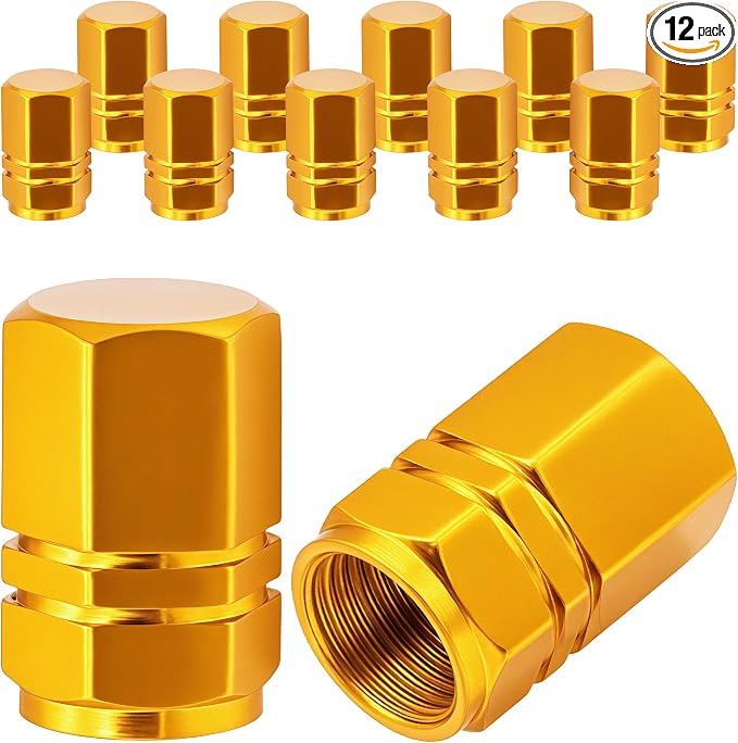 12PCS Tire Valve Stem Caps, with Rubber O-Ring, Corrosion Resistant Leak-Proof, Aluminum Alloy Universal Wheel Valve Covers for Cars, SUV, Trucks, Bikes, Motorcycles, Bicycles(Gold)