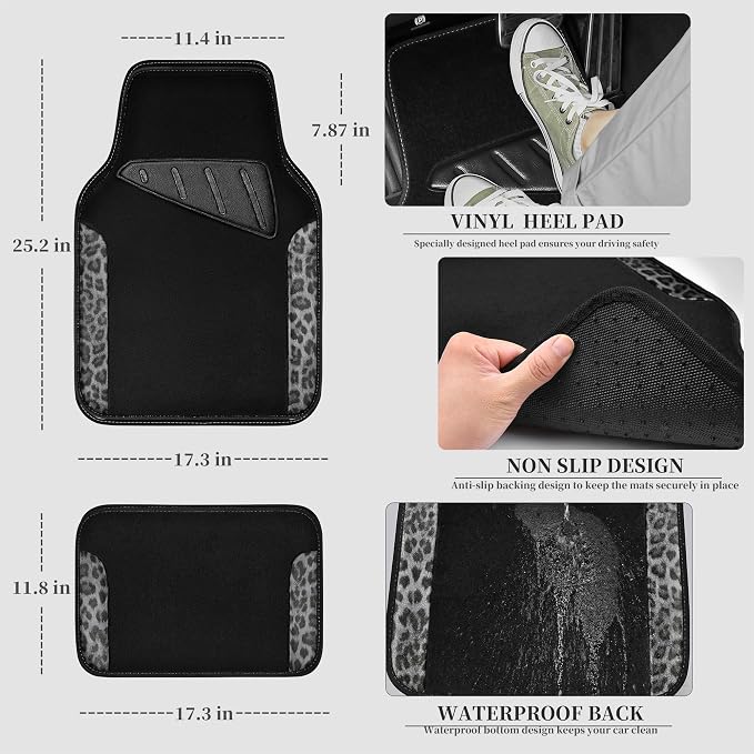 Waterproof Universal Car Floor Mats, Leopard Print Car Mats Fit for SUV,Vans,sedans, Trucks,Set of 4pcs Car Carpet with Driver Heel Pad and Nibs Backing, Leopard Car Accessories Gray Leopard