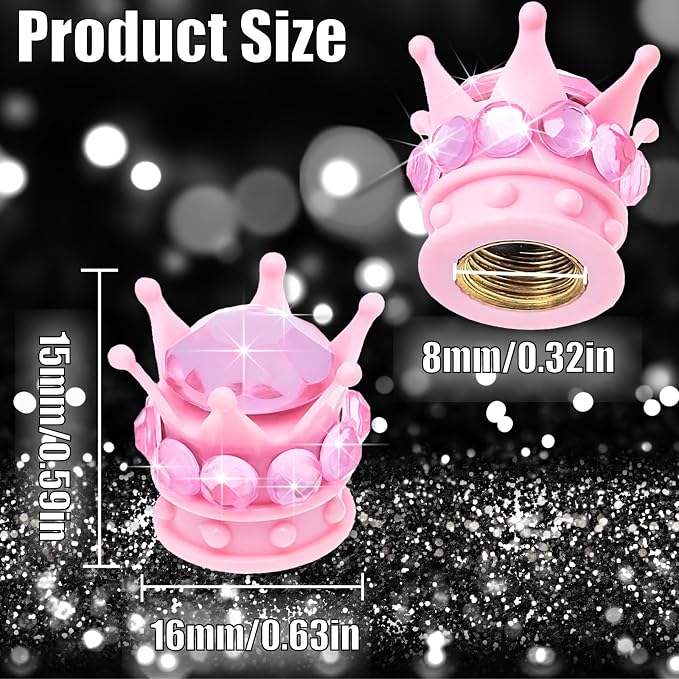 4PCS Crown Bling Tire Stem Valve Caps, Crystal Diamond Car Wheel Tire Valve Caps Universal Copper Core Stem Covers for Cars, SUV, Trucks, Bikes, Motorcycles, Bicycles (Pink)