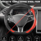 D Shaped Steering Wheel Cover, Flat Bottom Car Wheel Cover 14 1/2-15 in. (37-39 cm), Black and Red Microfiber Leather