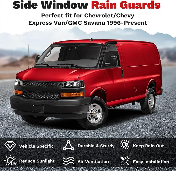 Express Van Rain Guards - Window Visors for Chevrolet/Chevy Express Van/GMC Savana 1996-2025 2026, Outside-Mount Side Window Wind Deflectors for Savana Accessories, Vent Visors Rainproof