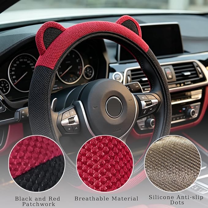 Steering Wheel Cover with Ears Keychain Fit 14-15 inch Black Red | Cute Car Steering Wheel Covers for Women Girls Elastic Breathable Steering Wheel Protector Accessories Universal Size