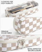 Preppy Checkered Clear Travel Makeup Brush Holder,Khaki and Beige Checkered Makeup Brush Toiletry Bag, Portable Cosmetic Brush Case,Transparent Waterproof Makeup Brush Storage Bag