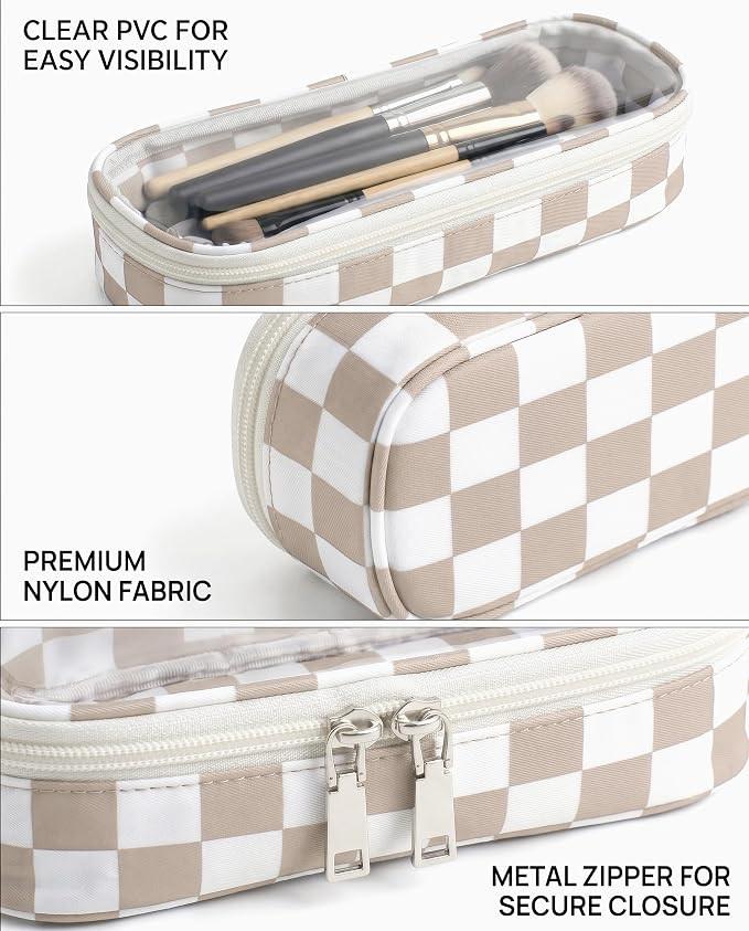 Preppy Checkered Clear Travel Makeup Brush Holder,Khaki and Beige Checkered Makeup Brush Toiletry Bag, Portable Cosmetic Brush Case,Transparent Waterproof Makeup Brush Storage Bag
