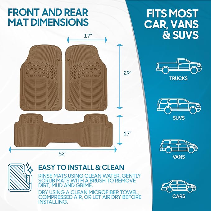 ProLiner Car Floor Mats for Cars Trucks SUV, 3-Piece All-Weather Heavy Duty Rubber Liners with Universal Trimmable Fit, Durable Waterproof Vehicle Auto Floor Mats with Capture Ridges Biege