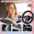 Black Car Steering Wheel Cover, Slip-Proof Breathable Comfort PU Leather Cute Universal Protector Cars Interior Accessories for Women Girl Fit Most Vehicle (Black)