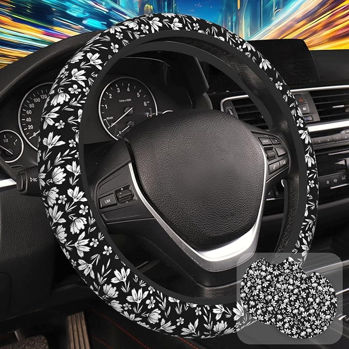 Black and White Flowers Steering Wheel Cover for Women, Anti-Slip Car Steering Wheel Cover with 2 Pcs Cup Holders Neoprene Breathable Car Accessories Universal 15 Inch Auto Interior Decor